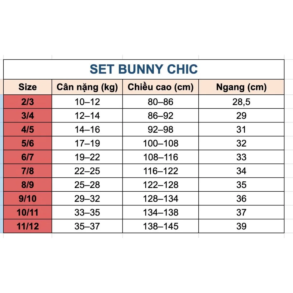 Bảng size nguồn — Chic Kids Bunny Chic — Kem