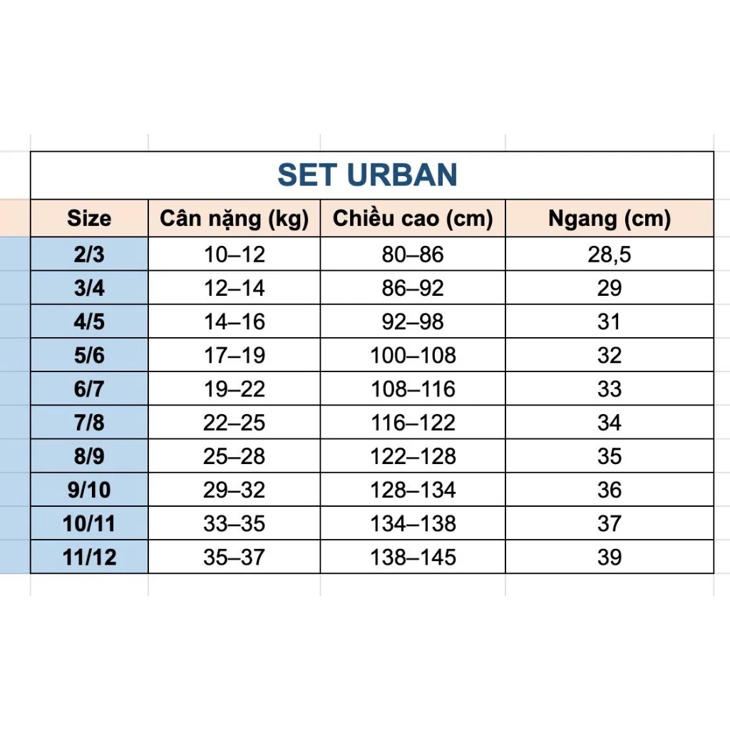 Bảng size Urban — Xanh