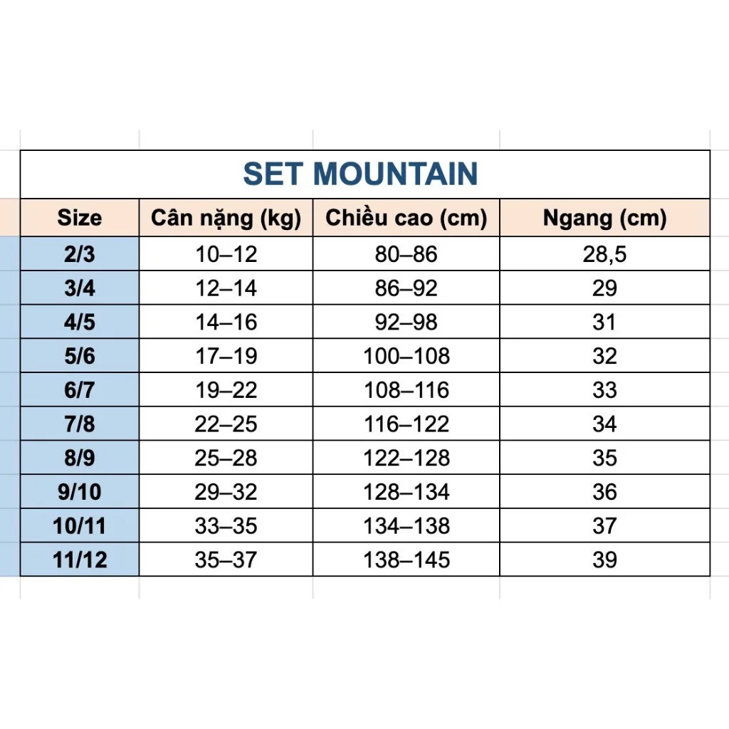 Bảng size nguồn — Chic Kids Mountain — Tay Xám